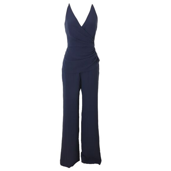 DRESS THE POPULATION Sam Jumpsuit S Navy Blue Crepe Sleeveless Flare Leg EUC B74 - Picture 2 of 5